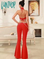 Lunivop Luxury Women Summer Sexy Cut Out Sleeveless Beading Red Flare Bandage Pants Set 2024