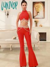 Lunivop Luxury Women Summer Sexy Cut Out Sleeveless Beading Red Flare Bandage Pants Set 2024