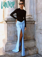 Lunivop Luxury Women Summer Sexy Long Sleeve Mesh Black Blue Mermaid Bodycon Skirt Set Elegant