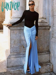 Lunivop Luxury Women Summer Sexy Long Sleeve Mesh Black Blue Mermaid Bodycon Skirt Set Elegant