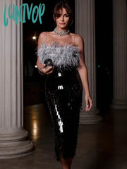 Lunivop Luxury Women Summer Sexy Strapless Backless Feather Black Mesh Sequins Bodycon Skirt Set