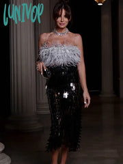 Lunivop Luxury Women Summer Sexy Strapless Backless Feather Black Mesh Sequins Bodycon Skirt Set