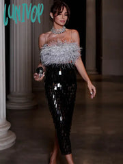 Lunivop Luxury Women Summer Sexy Strapless Backless Feather Black Mesh Sequins Bodycon Skirt Set
