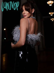 Lunivop Luxury Women Summer Sexy Strapless Backless Feather Black Mesh Sequins Bodycon Skirt Set