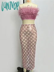 Lunivop Luxury Women Summer Sexy Strapless Backless Feather Pink Mesh Sequins Bodycon Skirt Set