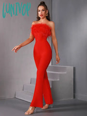 Lunivop Luxury Women Summer Sexy Strapless Feather Black Red Bodycon Bandage Jumpsuit Celebrity