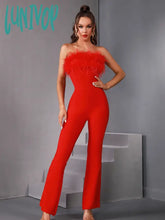Lunivop Luxury Women Summer Sexy Strapless Feather Black Red Bodycon Bandage Jumpsuit Celebrity