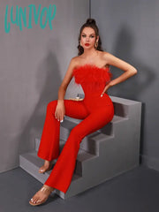 Lunivop Luxury Women Summer Sexy Strapless Feather Black Red Bodycon Bandage Jumpsuit Celebrity
