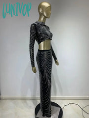 Lunivop Luxury Women Winter Sexy Turtleneck Diamonds Beading Maxi Long Black Bodycon Skirt Set