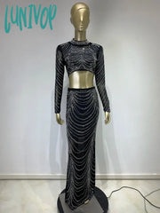 Lunivop Luxury Women Winter Sexy Turtleneck Diamonds Beading Maxi Long Black Bodycon Skirt Set