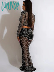 Lunivop Luxury Women Winter Sexy Turtleneck Diamonds Beading Maxi Long Black Bodycon Skirt Set