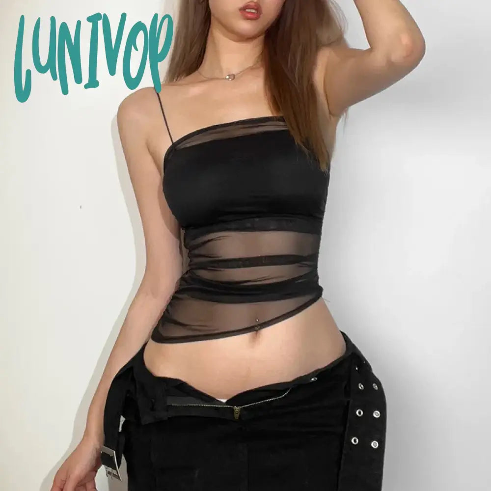Lunivop Mesh Corset Black Y2K Summer Tops Women Transparent Crop Top Stretch Tube Sexy Cami