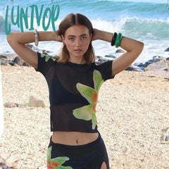Lunivop Mesh Floral Print O Neck Short Sleeve T Shirt Top Women Summer See Through Sexy Crop Beach