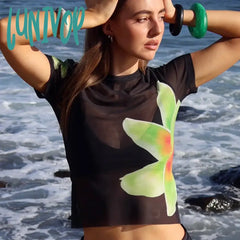 Lunivop Mesh Floral Print O Neck Short Sleeve T Shirt Top Women Summer See Through Sexy Crop Beach