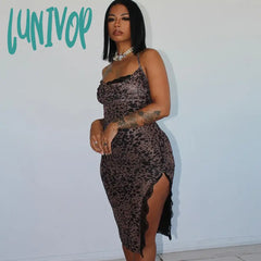 Lunivop Mesh Leopard Long Beach Dress Sexy See Through Spaghetti Strap Bodycon High Split Halter