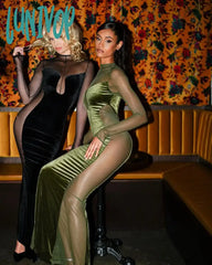Lunivop Mesh Long Sleeve Maxi Dress Green Sexy Evening Night Date Party Dresses Mermaid Seethrough