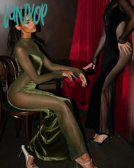 Lunivop Mesh Long Sleeve Maxi Dress Green Sexy Evening Night Date Party Dresses Mermaid Seethrough