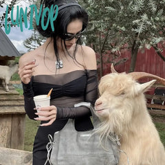 Lunivop Mesh Patchwork See Through Long Sleeve Crop Tops Off Shoulder Black Sexy T Shirts Spring