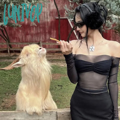 Lunivop Mesh Patchwork See Through Long Sleeve Crop Tops Off Shoulder Black Sexy T Shirts Spring