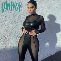 Lunivop Mesh Pu Leather Women Jumpsuit Sexy Black Long Sleeve Summer Autumn Bodycon Overalls Y2K