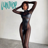 Lunivop Mesh Pu Leather Women Jumpsuit Sexy Black Long Sleeve Summer Autumn Bodycon Overalls Y2K
