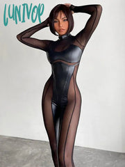 Lunivop Mesh Pu Leather Women Jumpsuit Sexy Black Long Sleeve Summer Autumn Bodycon Overalls Y2K
