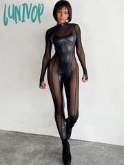 Lunivop Mesh Pu Leather Women Jumpsuit Sexy Black Long Sleeve Summer Autumn Bodycon Overalls Y2K