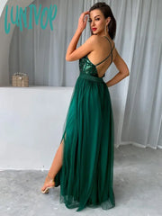 Lunivop Mesh Sequins V-Neck Dress Women New Cocktail Party Dresses Backless Summer Maxi Long