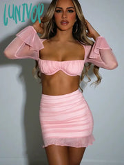 Lunivop Mesh Sexy Dress Set Women Strapless Full Sleeve Crop Top And Mini Skirt Matching Sets