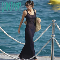 Lunivop Mesh Sexy See Through Beach Dress Summer Women Holiday Straps Sleeveless Maxi Bodycon