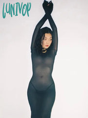 Lunivop Mesh Sheer Sexy Backless Strappy Dress Summer Elegant Outfits For Women Long Sleeve Tulle