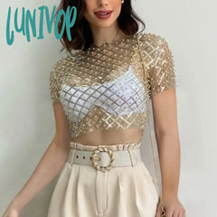 Lunivop Mesh Splice Sequins Cover-Up Women Sexy See Through Short Sleeve Crop Tops Ladies 2024