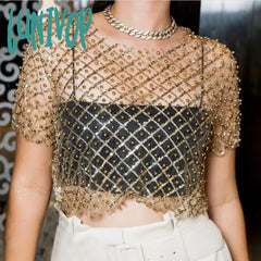 Lunivop Mesh Splice Sequins Cover-Up Women Sexy See Through Short Sleeve Crop Tops Ladies 2024