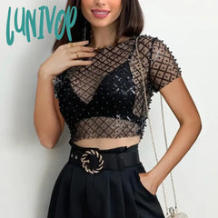 Lunivop Mesh Splice Sequins Cover-Up Women Sexy See Through Short Sleeve Crop Tops Ladies 2024