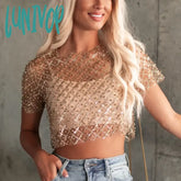 Lunivop Mesh Splice Sequins Cover-Up Women Sexy See Through Short Sleeve Crop Tops Ladies 2024