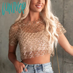 Lunivop Mesh Splice Sequins Cover-Up Women Sexy See Through Short Sleeve Crop Tops Ladies 2024