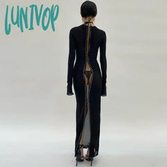Lunivop Mesh Tie Up Long Sleeve Sheer Maxi Bodycon Split Dress Women Autumn Sexy See Through