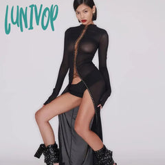 Lunivop Mesh Tie Up Long Sleeve Sheer Maxi Bodycon Split Dress Women Autumn Sexy See Through
