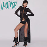 Lunivop Mesh Tie Up Long Sleeve Sheer Maxi Bodycon Split Dress Women Autumn Sexy See Through