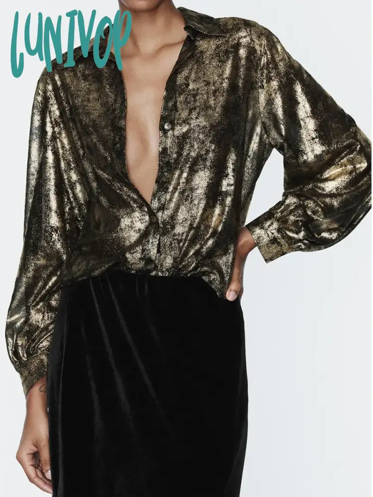 Lunivop Metal Printed Long Sleeve Shirts Women 2024 Spring New Turn Down Collar Single Breasted