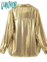 Lunivop Metal Satin Blouse Women Autumn New Long Sleeve Single Breasted Lapel Collar Blouses Female