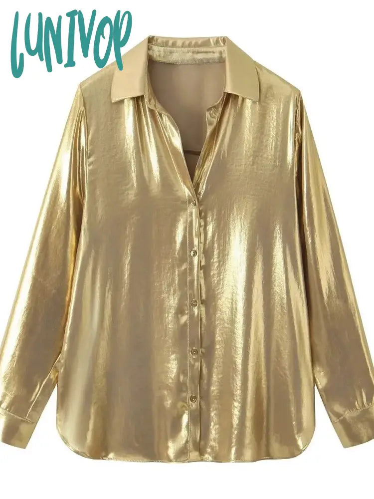 Lunivop Metal Satin Blouse Women Autumn New Long Sleeve Single Breasted Lapel Collar Blouses Female