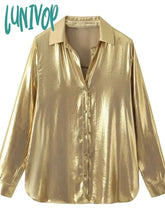 Lunivop Metal Satin Blouse Women Autumn New Long Sleeve Single Breasted Lapel Collar Blouses Female