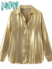 Lunivop Metal Satin Blouse Women Autumn New Long Sleeve Single Breasted Lapel Collar Blouses Female