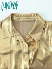 Lunivop Metal Satin Blouse Women Autumn New Long Sleeve Single Breasted Lapel Collar Blouses Female