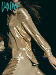 Lunivop Metal Satin Blouse Women Autumn New Long Sleeve Single Breasted Lapel Collar Blouses Female