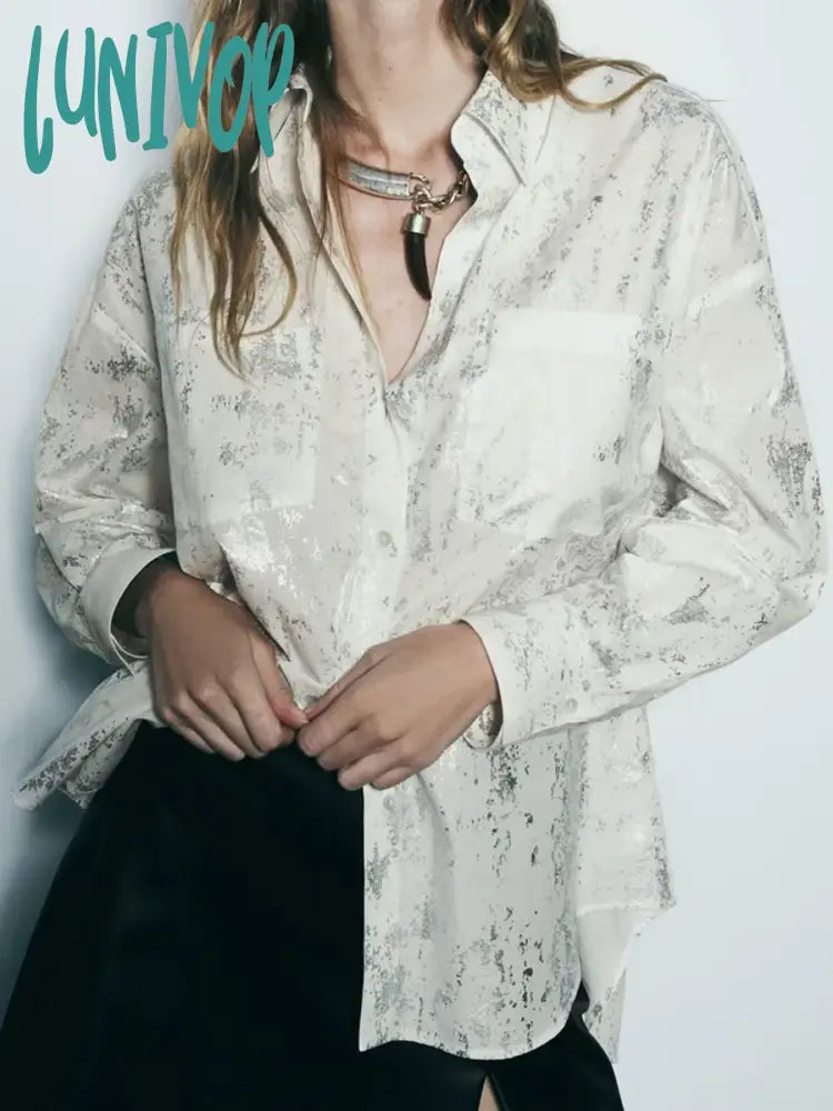 Lunivop Metal Series Poplin Shirt Women New Long Sleeve Button Up Lapel Collar Pocket White Blouse