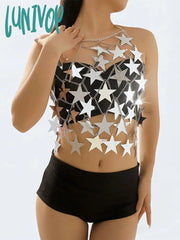 Lunivop Metal Stars Sequins Bikini Tank Top Women See Through Fashion Solid Crop Tops Woman Holiday