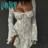 Lunivop Mingmingxi Women Elegant Flare Sleeve Dress Mini A Line Lace Birthday Party Lovely White