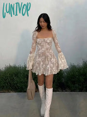 Lunivop Mingmingxi Women Elegant Flare Sleeve Dress Mini A Line Lace Birthday Party Lovely White